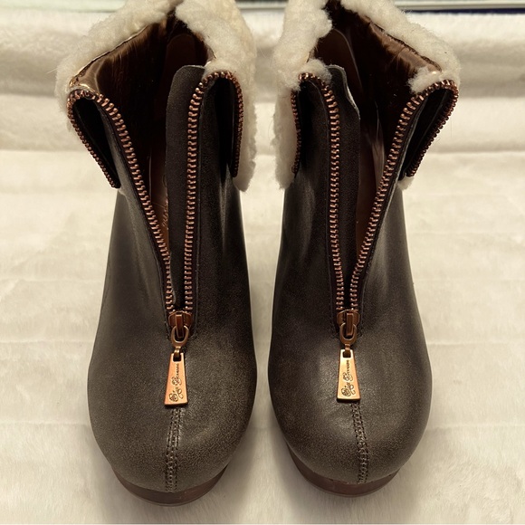 NEW Matt Bernson Brown Leather Zip Wedge Heel Bootie w/ Faux Sherpa Trim - Picture 6 of 16